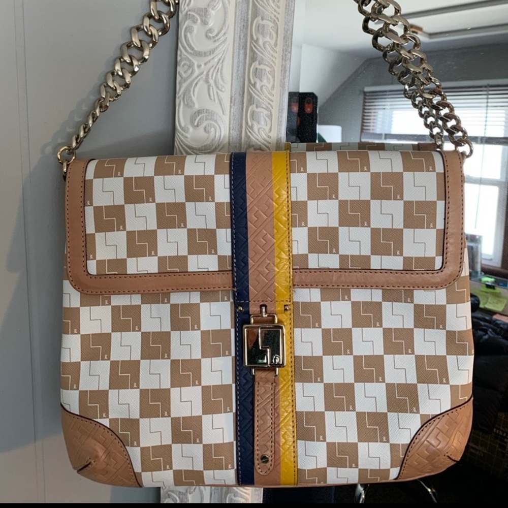 L.A.M.B. Handbag NWOT w/Aesthetic Defects Beige White Checkered Stripes SAMPLE